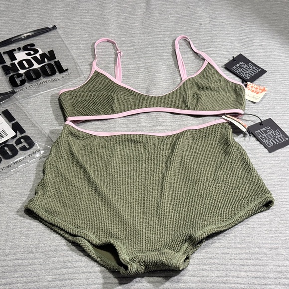 Free People It's Now Cool Green/Pink Swim Set Outline Bralette & Duo Shortie XL - Picture 2 of 7